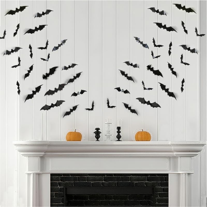 120pcs halloween bats decorations outdoor indoor, halloween party supplies, 3d bat stickers for wall window home kitchen scary decor (4 sizes, black) black 120