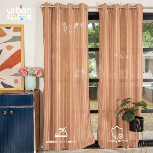 Image of Urban Space Aari Collection Weaved Sheer Curtains for Door 7 Feet Long, 40-50% Light Filtering Textured Curtains with Eyelets and Tieback, Set of 2 Decorative Curtains (Vertical Muddy Pink, 8 Feet)