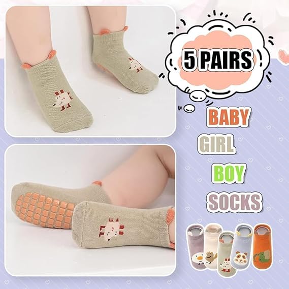 BuntyChiku 5 Pairs Baby Socks Set 0–12 Months – Anti-Slip Grip Ankle Socks for Infants, Toddlers Boys & Girls – Non-Skid Sole Cotton Socks with Cute Cartoon Design – Newborn Baby Shower Gift 4