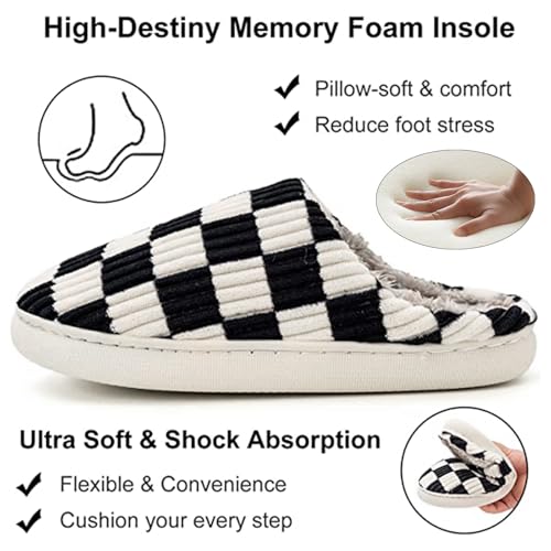House Slippers for Woman Men, Fuzzy Checkered Mens Womens Slippers Warm Memory Foam House Shoes Indoor Outdoor with Faux Fur Lining4