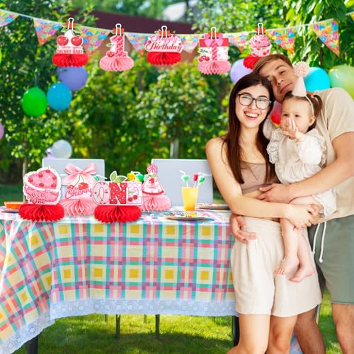 Image of 9pcs Cherry On Top Honeycomb Centerpieces First Birthday Party Table Decorations Sweet ONE Cherry Tabletop Centerpieces for Baby Shower One Year Birthday Cherry Table Topper Sign Decorations