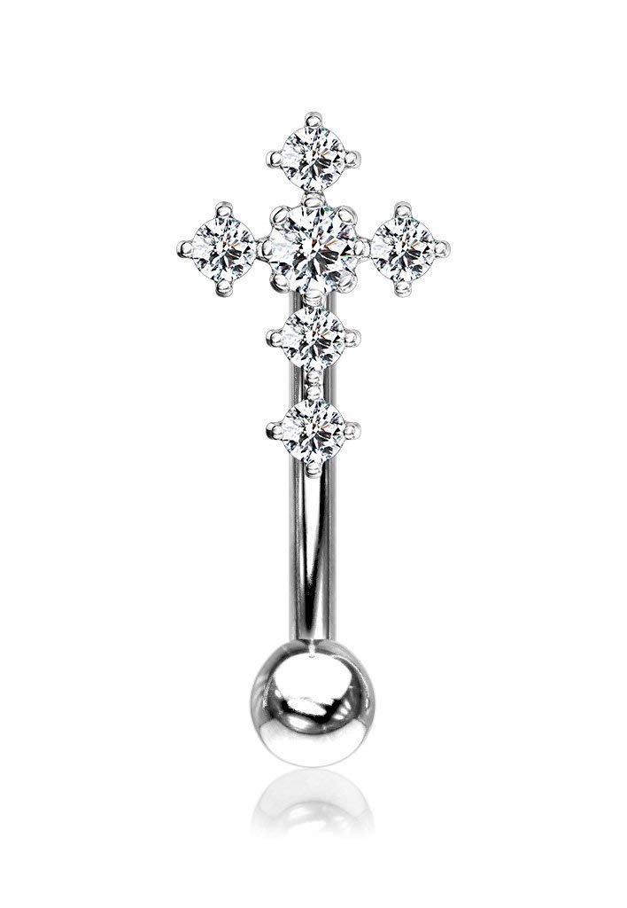 Forbidden Body Jewelry 16g 8mm Surgical Steel Curved Barbell for Daith, Eyebrow, Rook & Belly Button with CZ Cross Top