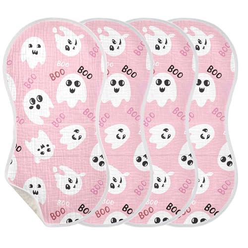 xigua Cute Ghost Muslin Baby Burp Cloths Set of 4, Super Soft & Absorbent Burping Rags, Cotton Burp Clothes Shower Gift for Newborn, Baby Girls and Boys3