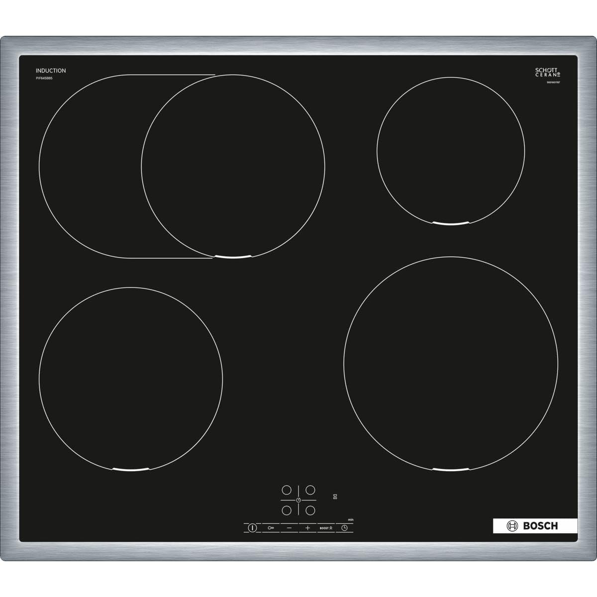 Bosch PIF645BB5E Series 4 Induction Hob (Self-sufficient), 60cm Width, Roasting Area for Large Cookware, PowerBoost Faster Cooking, TouchSelect Control, Reset,