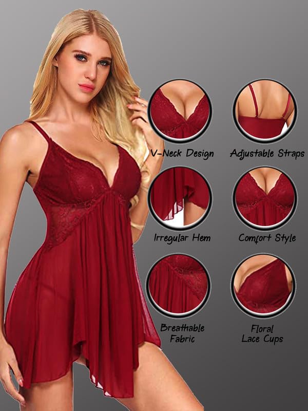 Image of Babydoll Lace Nighty with Adjustable Straps Above Knee V Neck S-3XL