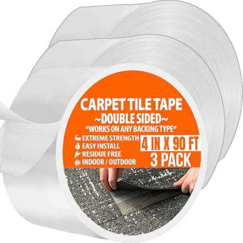 Image of Carpet Tile Tape Double Sided 4in x 90ft (3 Pack) Heavy Duty Reinforced Web Mesh Residue Free - Indoor Outdoor for Carpet Tiles, Hardwood, Vinyl, Rugs, Carpet, Rubber & Mat Gripper