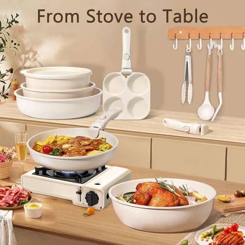 Image of GiPP Ceramic Pots and Pans Set Non Stick, Nonstick Detachable Handle Cookware Sets, Healthy Non Toxic PFAS PFOA & PTFE Free, Dishwasher &Oven Safe, Induction Kitchen Pot and Pan, 15 Piece Cream