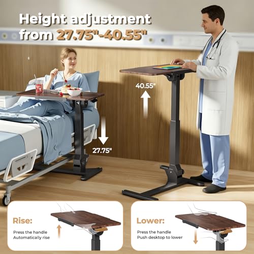 Image of JOY worker Foldable Overbed Bedside Table, 180 Tiltable Mobile Standing Desk with Wheels, 31.5 inch Height Adjustable Rolling Laptop Desk for Home & Hospital Use, Easy Storage, Rustic Brown