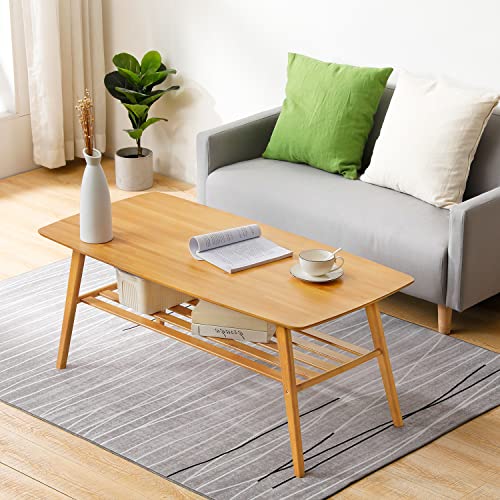 Monibloom Bamboo Coffee Table Rectangular Tea Cocktail Tables With Storage Open Shelf For Living Room Sitting Room Home Furniture, Natural #TOP1