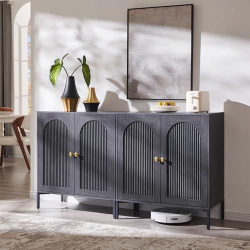Image of IFGET Modern Buffet Cabinet with Storage, 61.75 inch W Fluted Arched Sideboard Cabinet w /Adjustable Shelves, Wooden Modular Coffee Bar for Dining Room, Kitchen, Living Room, Entryway, Dark Grey
