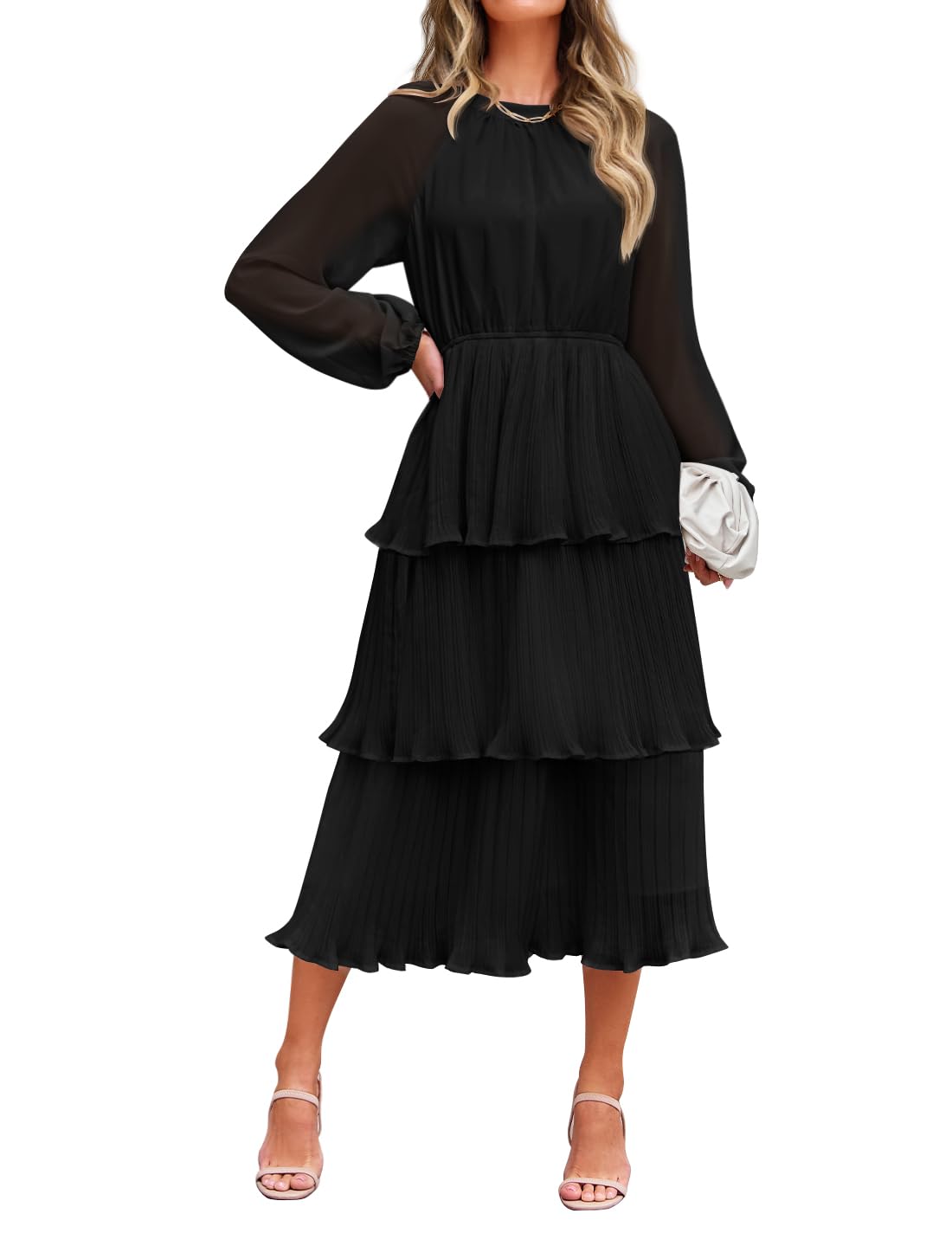 Photo 1 of ZESICA Women's 2025 Long Sleeve Crew Neck Ruffle Tiered Layered Polyester Flowy Swing Long Midi Dress, Black, X-Large