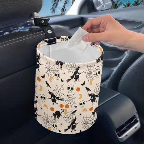Image of Halloween Skull Spider Web Trash Can - Cartoon Garbage Bin Decoration for Car Interior, Front Seat, Back Seat, Floor, Headrest - Universal Fit for SUV Trucks
