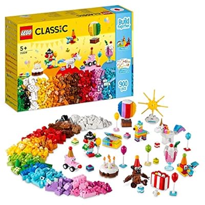 LEGO 11029 Classic Caja Creativa: Fiesta, Piezas de Juego de Mesa en Familia, Juguete para Niños y Niñas de 5 Años o Más, 12 Mini Construcciones, Coche, Osito de Peluche, Unicornio, Idea de Regalo | Ya disponible en tu tienda friki favorita! En mundofriki.es!
