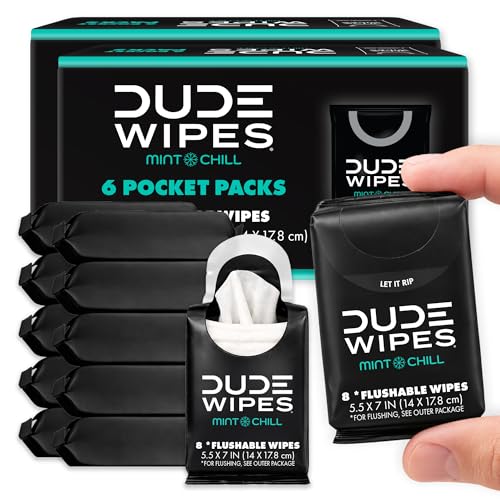 Image of DUDE Wipes Mint Chill Pocket Packs - Travel Wipes - 12 Packs of 8 (96 Count) - On-The-Go Adult Flushable Wipes - Infused with Tea Tree Oil, Vitamin E, and Aloe - Septic and Sewer Safe