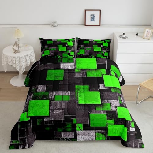Image of Feelyou Twin Size Geometric Grid Comforter Set Green Black Bedding Set Abstract Art Comforter Boys Girls Geometrics Duvet Insert Kids Bedroom Decor 2Pcs