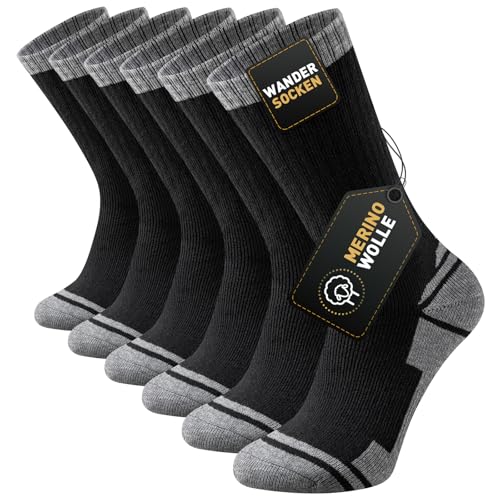 Stoeury Merino Wandersocken Herren Damen, Dicke Thermosocken Wintersocken, Warme Merinowolle Outdoor Socken, Anti Blase Gepolsterte Trekkingsocken, Atmungsaktiv Sportsocken 3 Paar, Schwarz 43-46