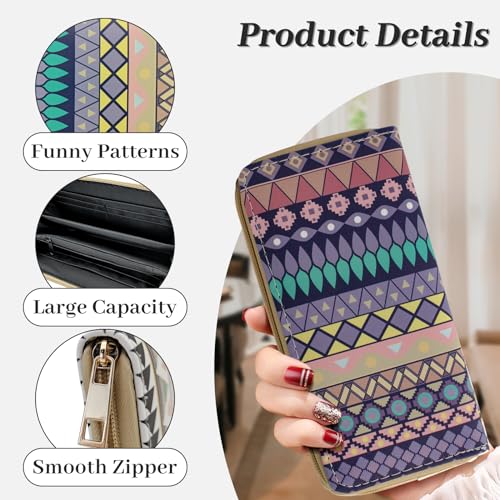 Ladies Wallet, PU Leather Card Holder Wallet for Women, Long Clutch Wallet Casual Card Wallet Womens Wallet with Bohemian Print and Zipper for Cards, Cash, Receipts, Change (style 1)3