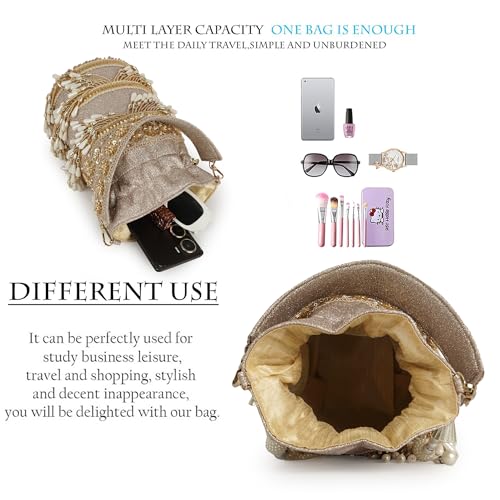 Image of Nevis Silk Fabric Designe Fringe Potli Bag with Pearl Tassels & Beaded Handle | Luxury Ethnic Drawstring Clutch for Wedding