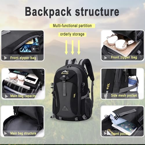 Nircho Wanderrucksack Herren Damen 40L Wasserdichter Rucksack Leicht Groß Reiserucksack,Outdoorrucksack mit Reflexstreifen Für Wandern, Radfahren, Klettern, Bergsteigen und Reisen Sport (Black)