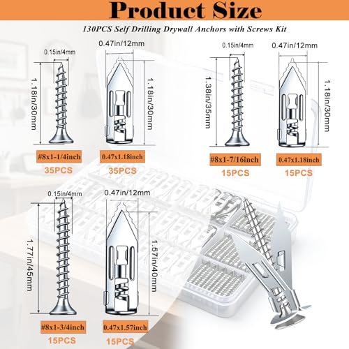 Image of 130 PCS Self Drilling Drywall Anchors with Screws Kit-2 Sizes Sheetrock Anchors & 3 Sizes Zinc Expansion Screws,Upgraded Zinc Plated Steel,No Drill Needed,Holds Up to 66LB on Walls(Sliver)
