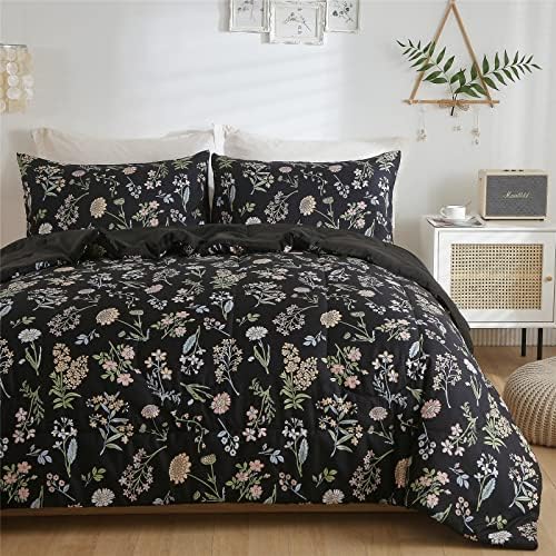 Floral Comforter Set Twin Size, Yellow Green Botanical Flower Leaves Printed Black Comforter for Kids Teen Women, 2 Piece Soft Microfiber Bedding Set with 1 Pillow Case for All Season(Black,Twin)