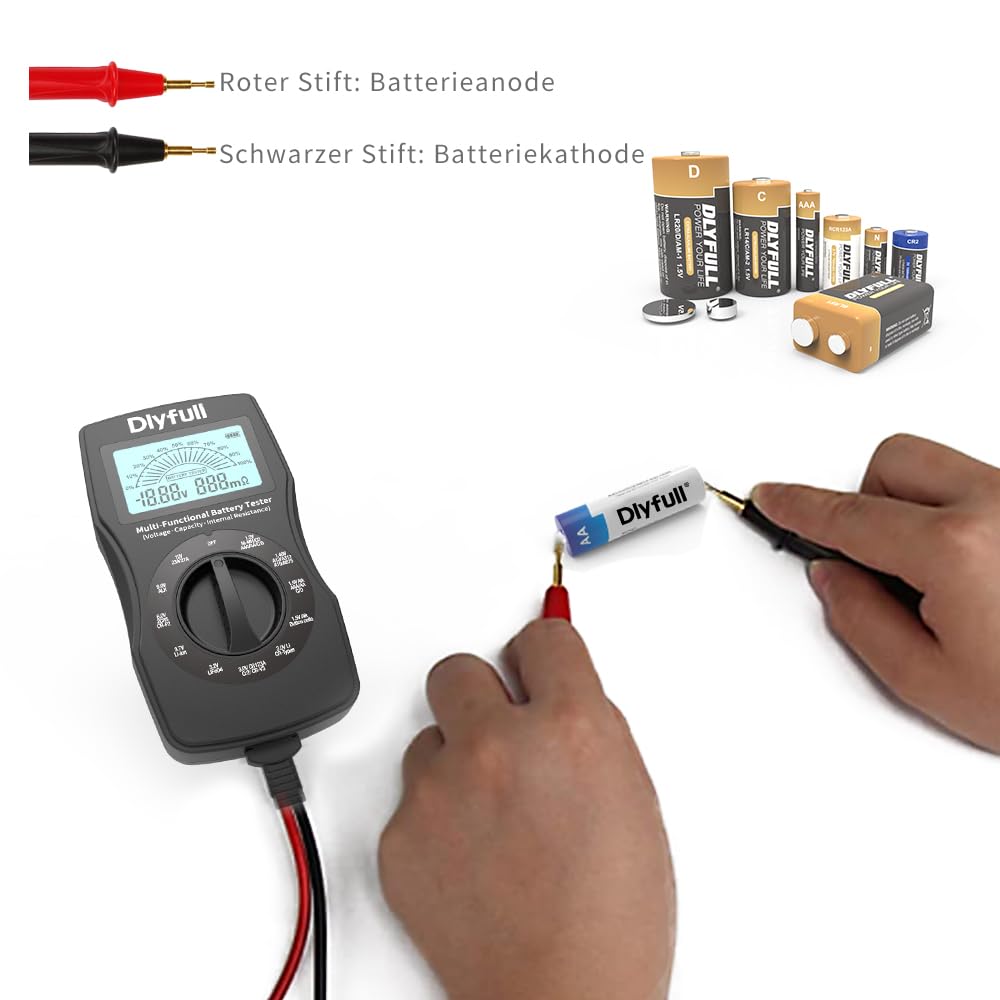 Dlyfull Tester Batterie Stilo Universale per AA AAA C D 9V Ricaricabili e Non Ricaricabili Volt Resistenza Interna Checker