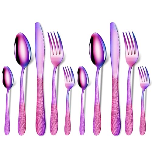 Image of aDai Hammered Rainbow Silverware Set | 10-Piece Premium Stainless Steel Flatware Set | Dishwasher Safe Cutlery Set for Home, Restaurant & Gifting