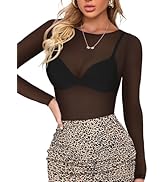 Women's Mesh Tops Sheer Long Sleeve Tee Shirts Bodycon See Through Blouse Clubwear