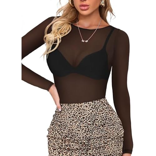 Women's Mesh Tops Sheer Long Sleeve Tee Shirts Bodycon See Through Blouse Clubwear Small A-black