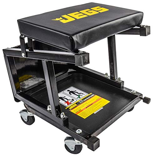 JEGS Mechanic Seat and Step Stool | 300 LBS Capacity | Padded Seat | Black with JEGS Logo | Heavy-Duty Construction | Comfortable and Ergonomic Design | Smooth-Rolling Casters