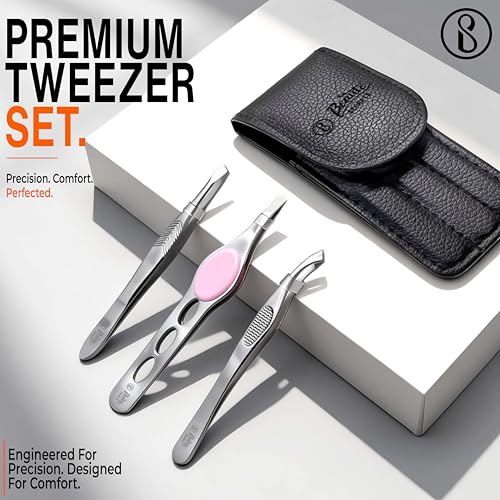 Image of Beaute Secrets Professional 3-Piece Tweezer Set with Travel Case | Wide Slant, Precision Point & Slant Tip Tweezers | Stainless Steel Eyebrow & Facial Hair Removal Kit