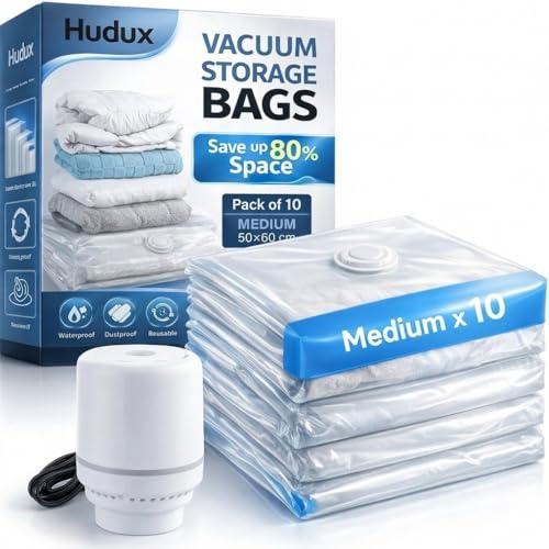 Image of 10 Pack Medium (50x60 cm) Vacuum Compression Zipper Storage Bags With Electric Pump,Compression Storage Space Bags For Travel,For Clothes,Bedding,Pillows,Airtight Reusable Vacuum Bags