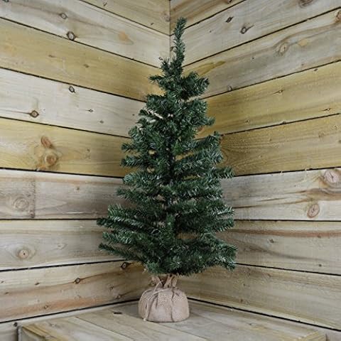 90cm (3ft) Mini Plain Green Christmas Tree in a Jute Bag Cover