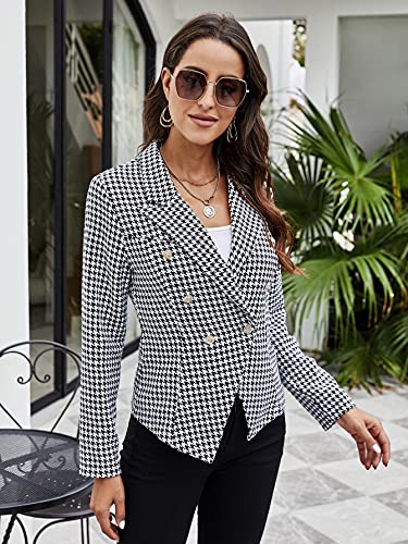 Shein Women's Houndstooth Long Sleeve Lapel Collar Double Breasted Blazer Jacket Black And White Small #TOP2