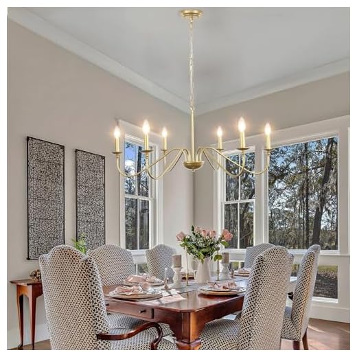 LASENCHOO Gold Chandelier for Dining Room Light Fixtures Over Table, 6 Lights Modern Farmhouse Chandelier, Hanging Candle Industrial Chandeliers for Living Room Bedrooms Foyer Kitchen Island Lighting