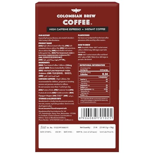 Image of Colombian Brew High Caffeine Espresso Instant Coffee Powder, Strong, 20 Sachets (Pack of 3)