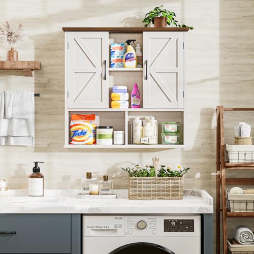 Image of Vabches Bathroom Wall Cabinet, Farmhouse Medicine Cabinet with Double Barn Door and Adjustable Shelves, Wooden Vintage Storage Cabinet Wall Mounted for Bathroom, Kitchen Dining, Rustic White