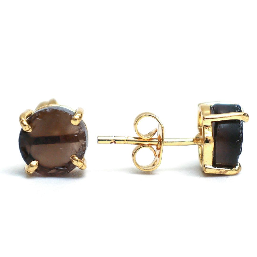 Gempires Natural Smoky Quartz Raw Crystal Stud Earrings Handmade Prong Setting Jewelry Hypoallergenic Gold Plated Gift for Her Dainty Elegant Healing Crystal Earrings