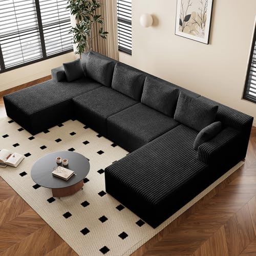 Image of 142 inch U-Shape Cloud Couch, Modern Modular Sectional U-Shape Sofa, Corduroy Boneless Couch Upholstered Couches Deep Seat Sleeper Chaise Longue for Living Room, No Assembly Required, Black