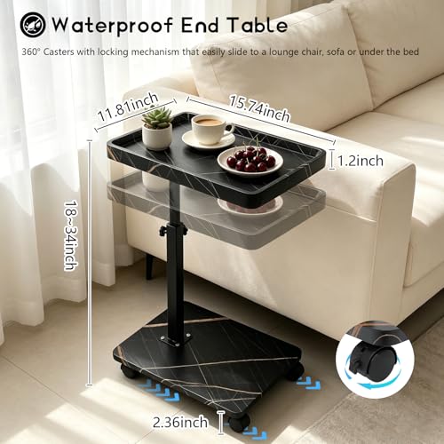 Simcat C Table End Table Adjustable Height, C Shaped Side Table with Wheels, 360° Swivel TV Tray Table, Sofa Side Tables for Small Spaces/Living Room/Bedroom/Bathtub/Hospital