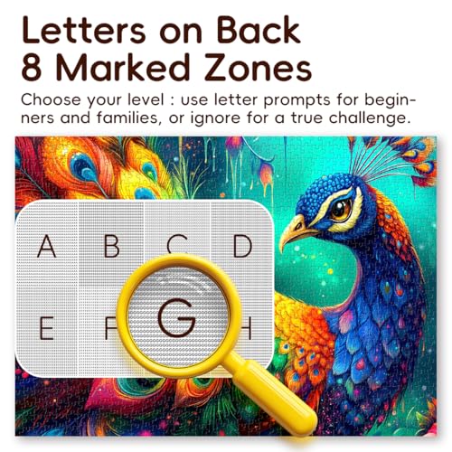 Rompecabezas de 1000 piezas para adultos con diseño de pavo real, tablero HD grueso y sin polvo | ROSE RAIN Premium, puzzle duro con letras en la parte trasera, arte fantasía de pavo real para alivio de estrés y noches de juegos familiares miniatura 5