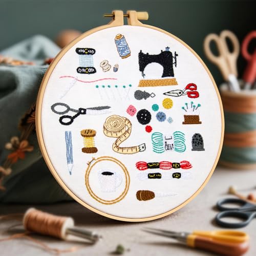 Image of Crafmanoe Hand Embroidery Kits for Beginners Adults, Crewel Embroidery DIY Kits, Stamped Cross Stitch Kits for Beginners Adults Craft Kits for Women, Entire Set of Embroidery Supplies & Video Tutorial