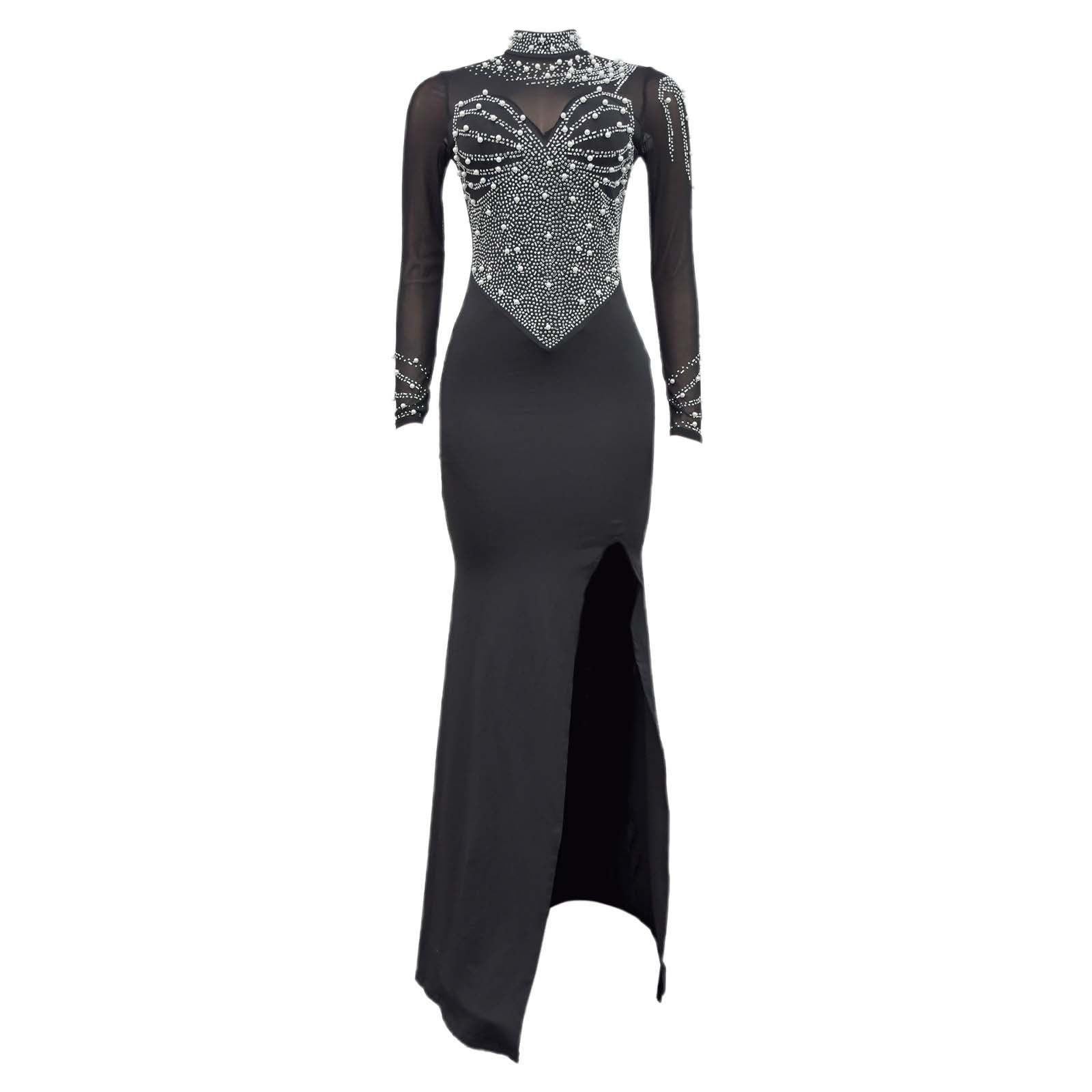 Generico Abito Carnevale Donna - Elegante Abito Lungo con Spacchi in Strass A Rete Tinta Unita per Le Donne Elegante Abito da Festa E da Sera