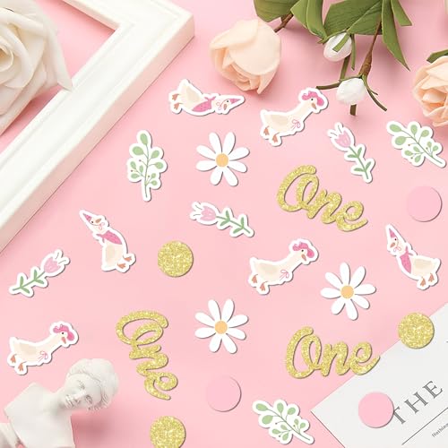 Image of 220PCS One Silly Goose Birthday Decor for Girl, Goose Dot Leaves Flower 1st Birthday Confetti for Pink and Gold First Bday Decorations.