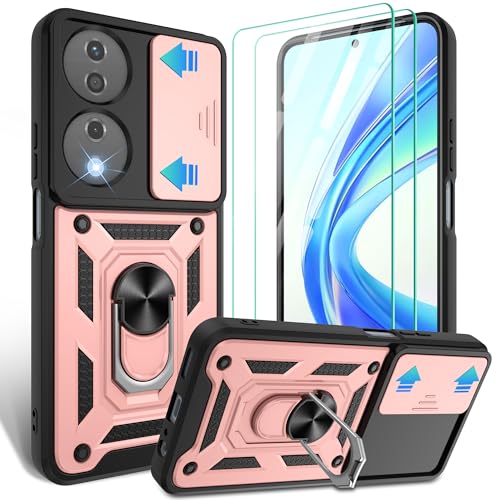 for Honor X7b Phone/Honor 90 Smart 5G Case with HD Screen Protector×2 with Slide Camera Cover & Rotation KickstandMilitary Shockproof Rugged Shockproof Protective Design for Honour X7bRose Gold