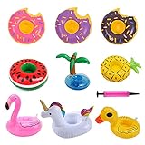 【El paquete incluye】 Diseño de unicornio, flamenco, árbol de coco, sandía, pato, piña y rosquilla en diferentes colores que satisfará sus necesidades. Un juego de nueve portavasos inflables. También viene con 1 bomba de aire libre, conveniente para inflar rápidamente el portavasos.
