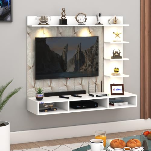 Image of Anikaa Tyron Engineered Wood Wall-Mount TV Unit with PVC Back Panel & LED Lights | TV Cabinet with Storage Box & Decorative Shelves (White) | Ideal for TVs up to 43 Inch | DIY Installation