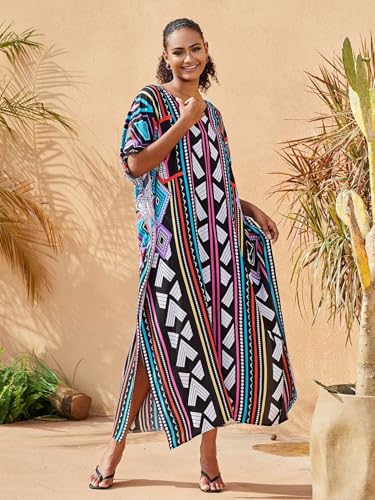 Image of KECVOT Kaftan Dresses for Women V-Neck Print Swimsuit Cover Up Plus Size Beach Caftan Lounge Dress