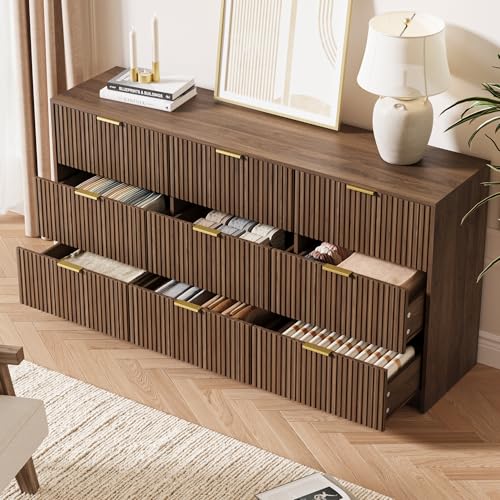 Image of MAISONARIA 9 Drawer Dresser for Bedroom, 63 inch Wide Modern Fluted Dresser with Gold Metal Handles, Chest of Drawers for Bedroom, Living Room, Entryway, Hallway, Walnut
