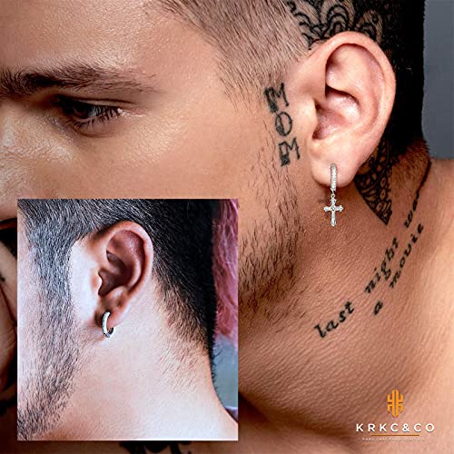 KRKC&CO Cross Earrings for Men, Gift for Him, Sterling Silver Dangle Earrings, Hypoallergenic 15mm Round Hoop Hinged Hanging for Women, Fathers Day3